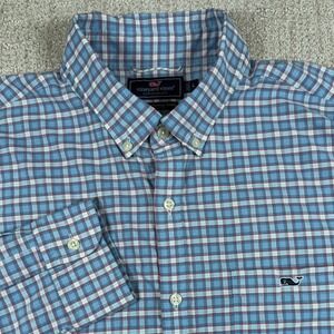 Vineyard Vines Mens Large Blue Plaid Slim Fit Tucker Performance Button Down